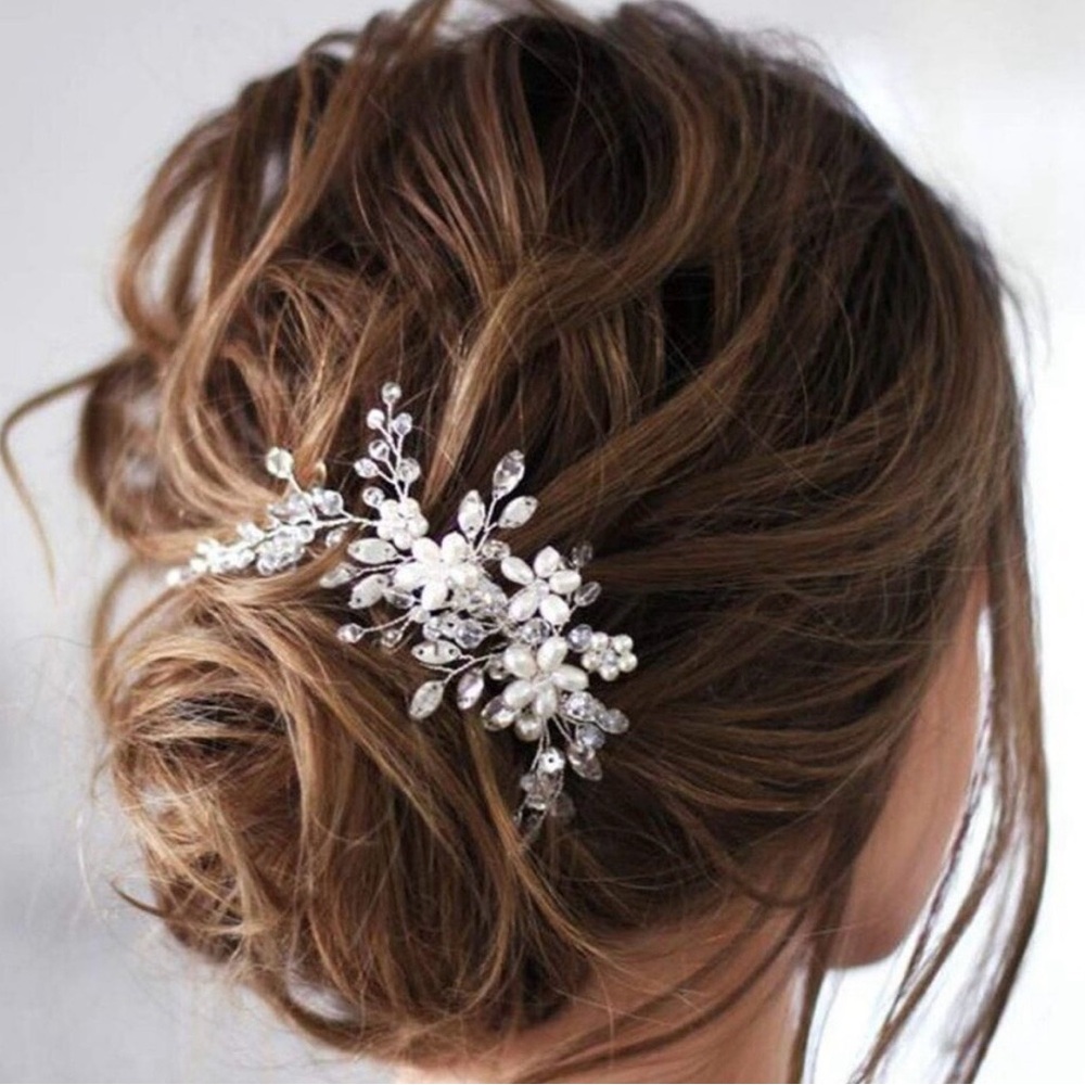 Elegant Silver Tone Rhinestone Floral Pearl Bridal Hair Accessory
